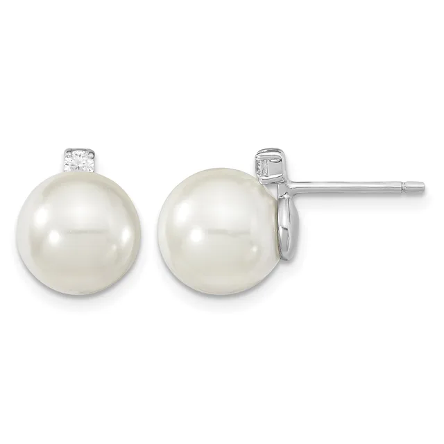 A pair of silver stud earrings featuring round white pearls with small diamond accents on posts and backs.