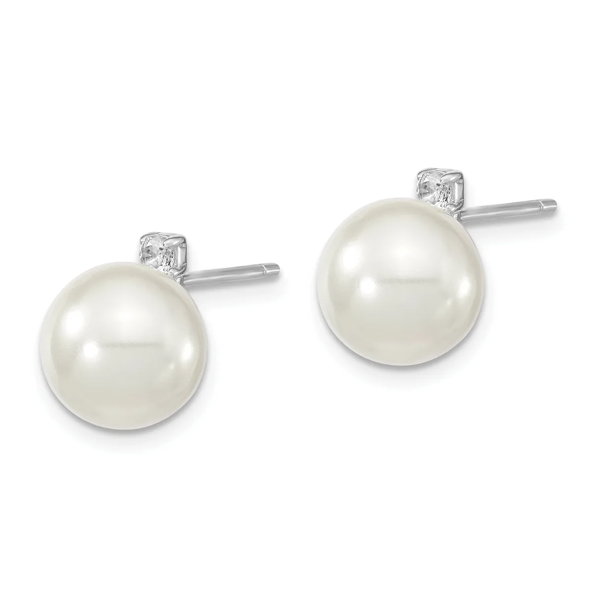 Pair of stud earrings featuring white pearl spheres topped with small square diamond settings on silver posts.
