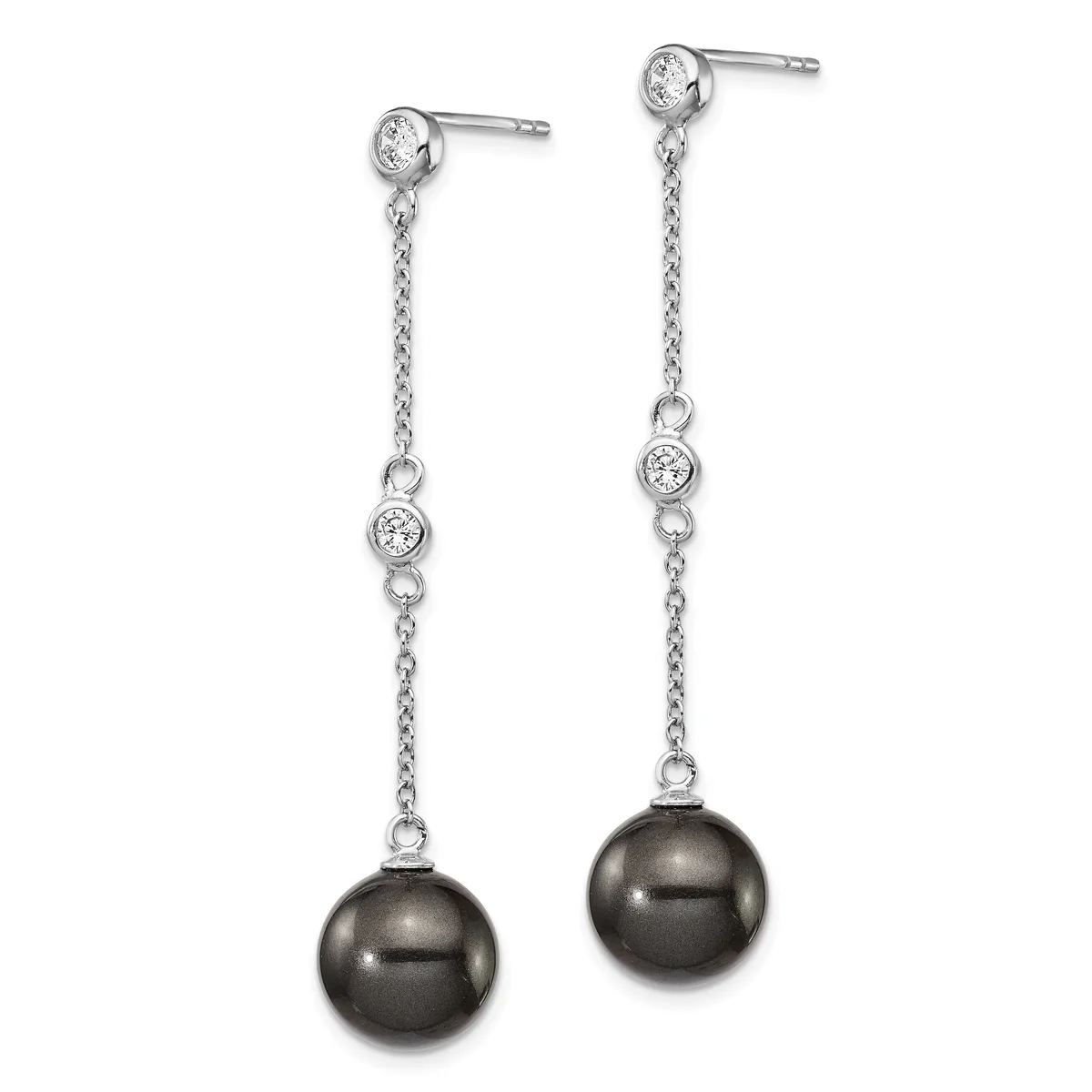 Pair of silver dangle earrings with round diamond studs at top, delicate chain links, bezel-set diamonds mid-length, and dark gray pearl drops at bottom.