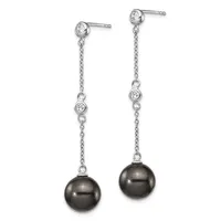 Pair of silver dangle earrings with round diamond studs at top, delicate chain links, bezel-set diamonds mid-length, and dark gray pearl drops at bottom.