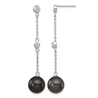 Pair of silver dangle earrings with diamond studs at top, delicate chain links, and black pearl drops at bottom.