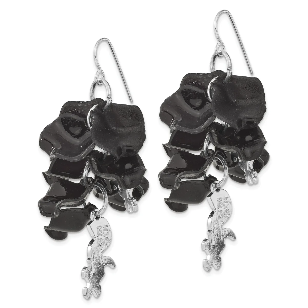 Pair of black resin roller skate charm earrings with silver-toned metal wheels and hooks, suspended from silver ear wires.