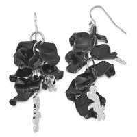 A pair of black fabric cluster earrings with silver-tone metal components and hooks, displayed against a white background.