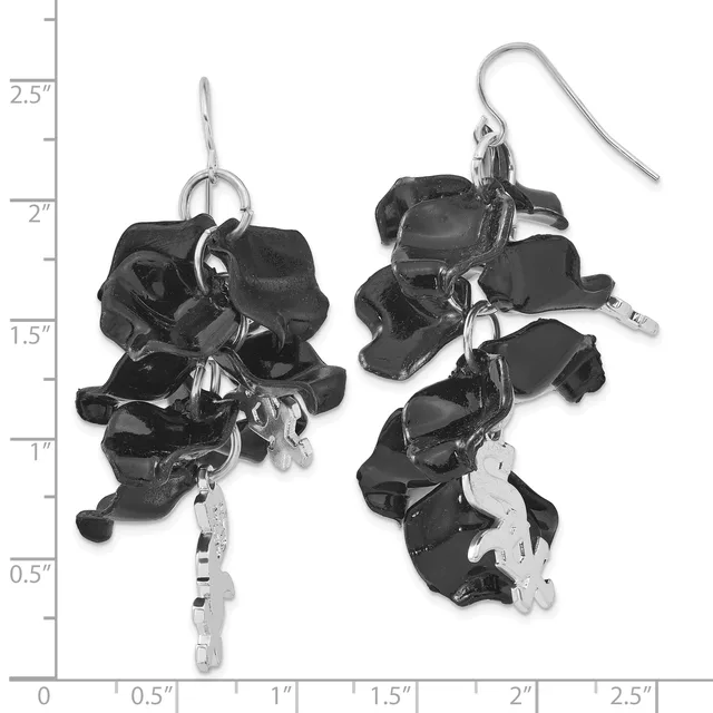 Pair of black textured cluster earrings with silver-tone ear wires, displayed against a measurement scale showing approximately 2.5 inches in length.