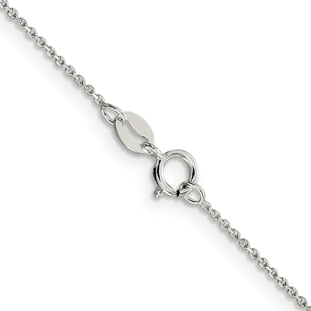 A delicate silver chain necklace with a small oval hallmark tag and spring ring clasp displayed against a white background.