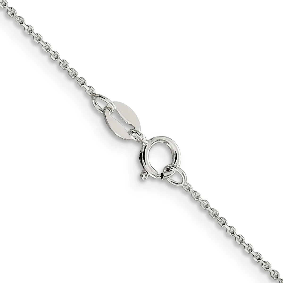 A delicate silver chain necklace with a small oval hallmark tag and spring ring clasp displayed against a white background.