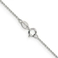 A delicate silver chain necklace with a small oval hallmark tag and spring ring clasp displayed against a white background.