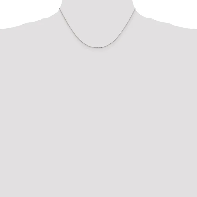 A thin silver chain necklace displayed on a mannequin neck against a white background.