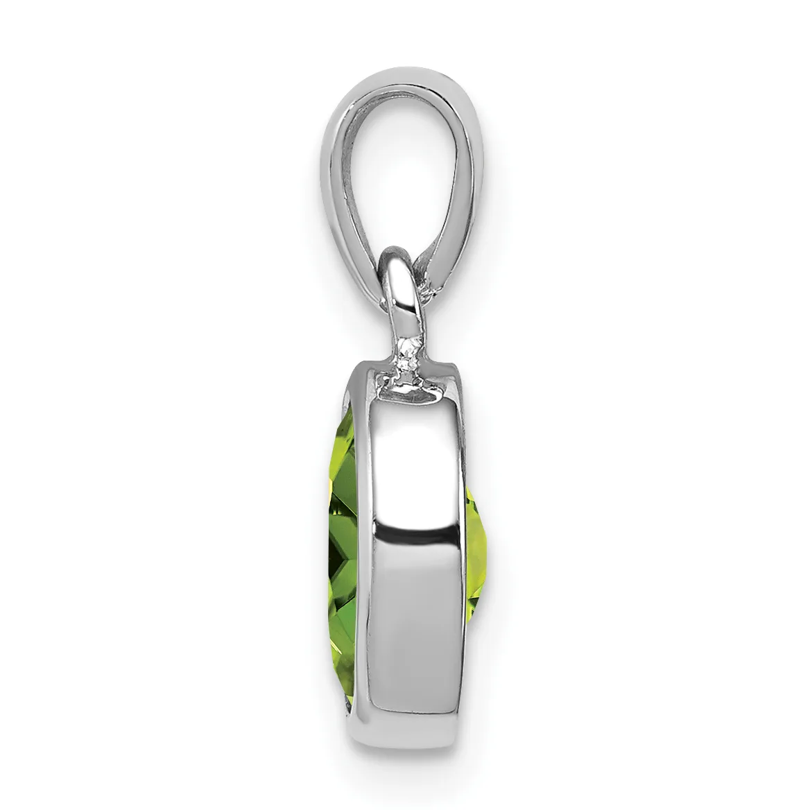 A silver-toned rectangular pendant with lime green enamel accents on the sides, suspended from a silver loop and chain keyring.