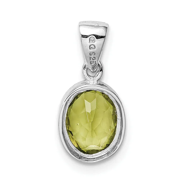 A silver pendant with an oval faceted lemon-yellow gemstone set in a bezel, suspended from a small decorative bail with a hallmark.