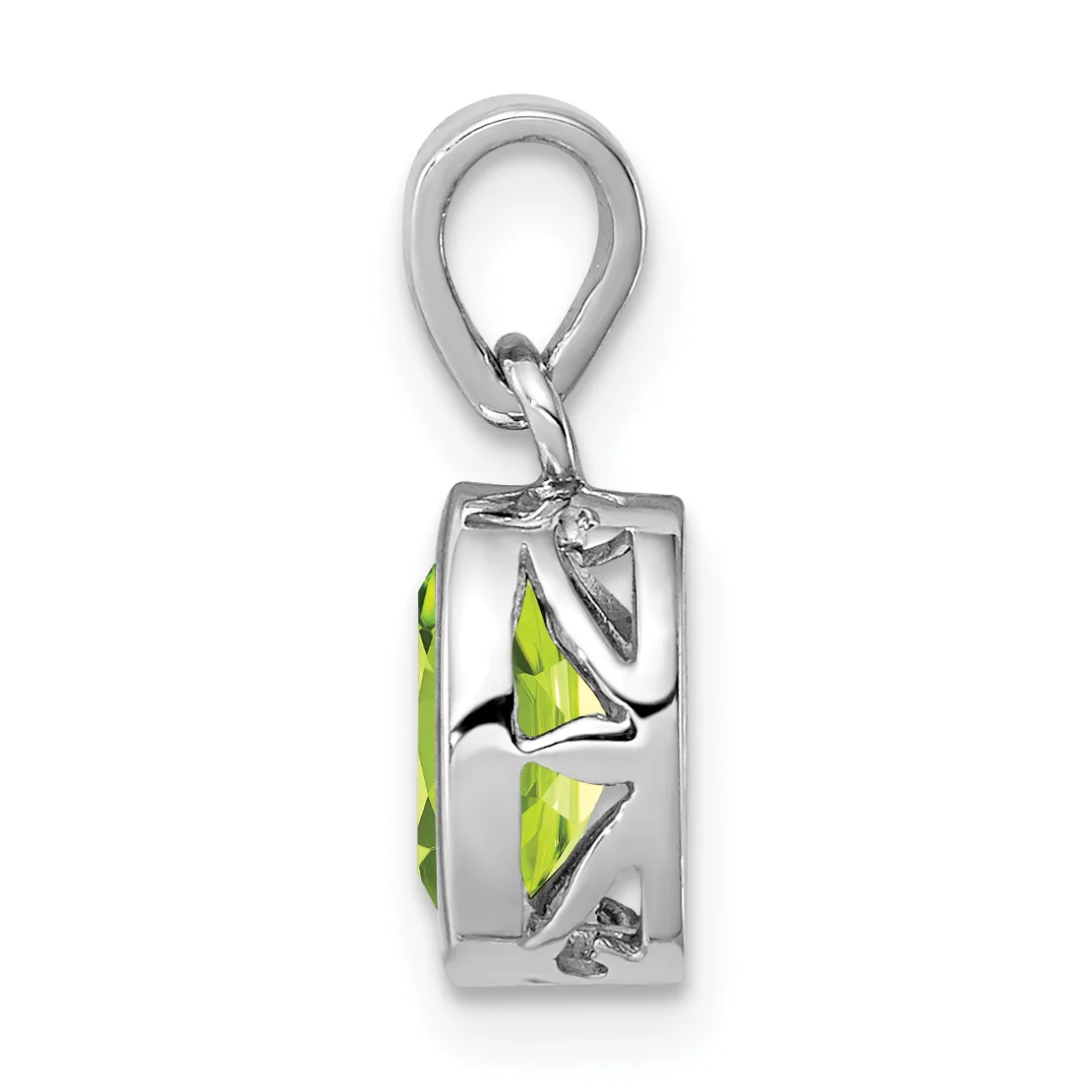 A silver rectangular pendant with bright green peridot stones and decorative cutout details, suspended from a silver loop bail.
