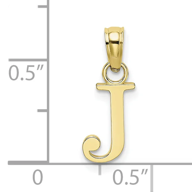 Polished gold-toned letter J pendant with a loop bail, shown against a measurement scale indicating approximately 0.5 inches in height and width.