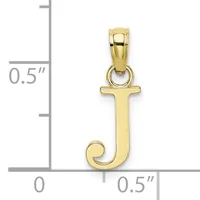 Polished gold-toned letter J pendant with a loop bail, shown against a measurement scale indicating approximately 0.5 inches in height and width.