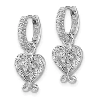A pair of silver hoop earrings with diamond-patterned hoops and ornate heart-shaped pendants set with diamonds, displayed against a white background.