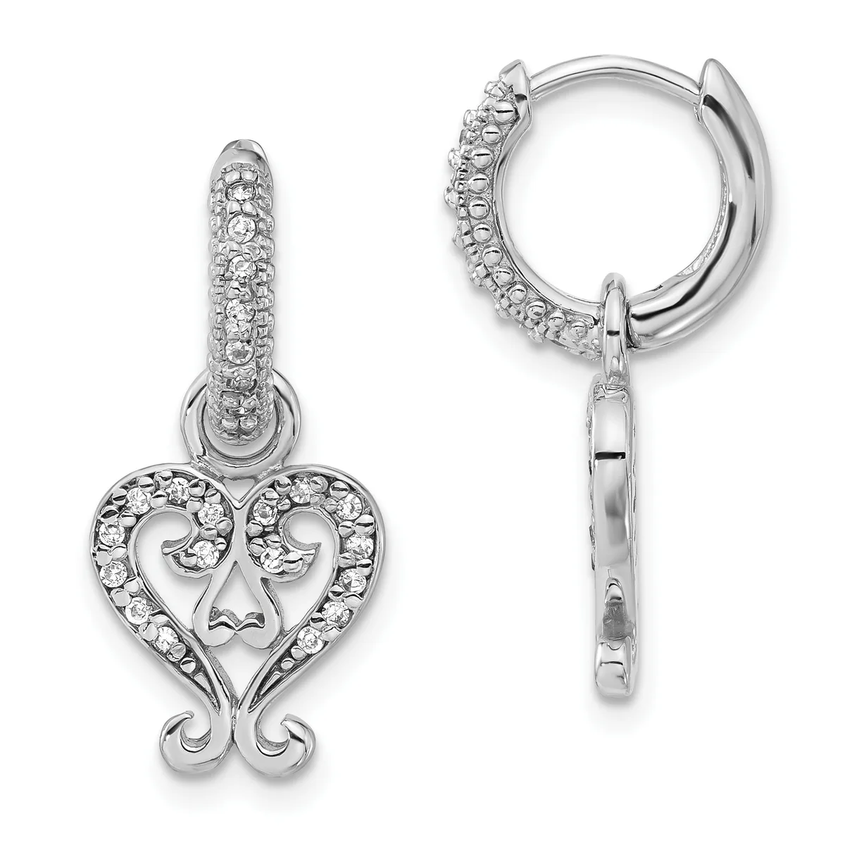 Pair of silver heart-shaped drop earrings with diamond accents, shown from front and side views on a white background.