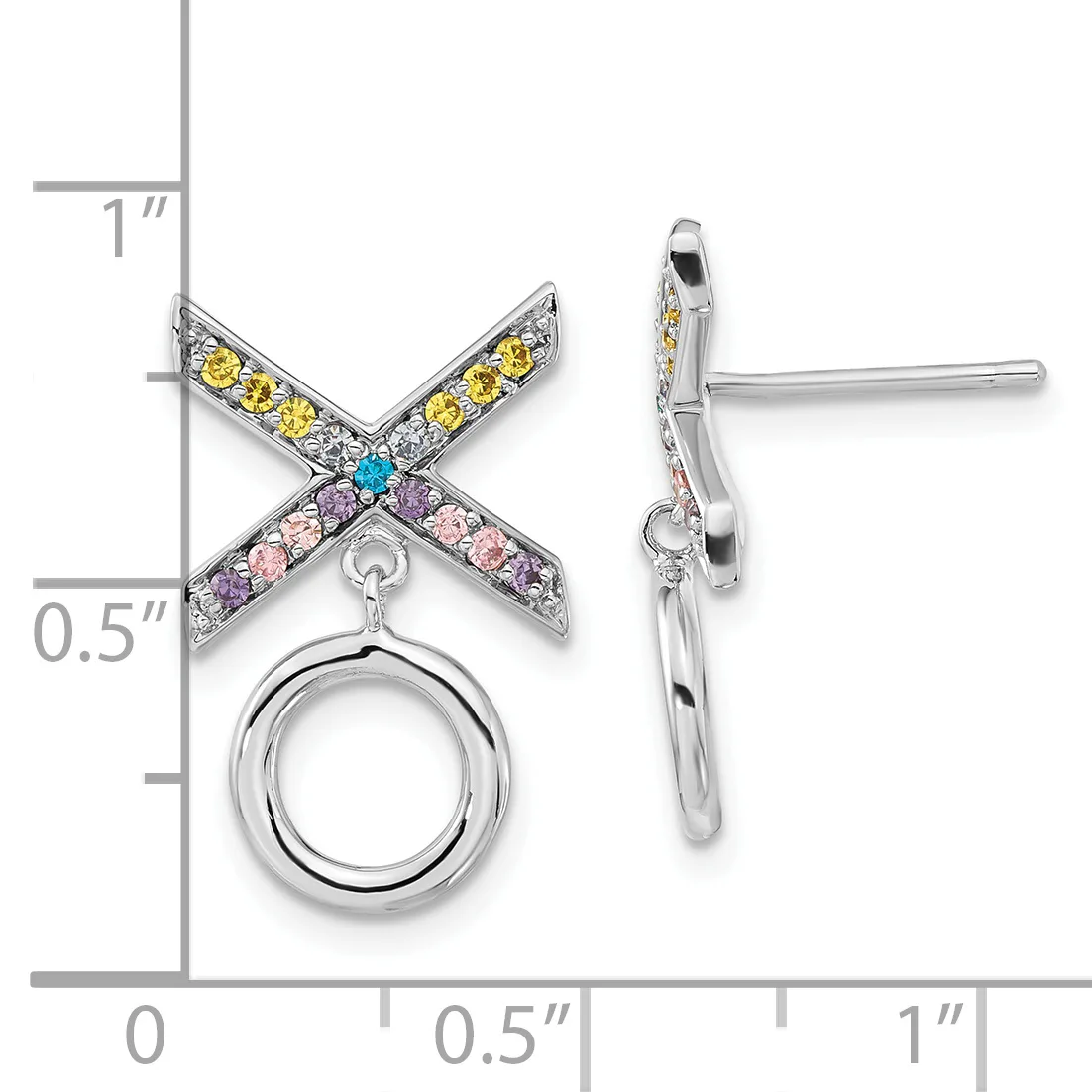 Silver X-shaped earrings with yellow, pink, and purple gemstones and a turquoise center stone, each with a dangling circular charm, shown front and side view with measurement scale.