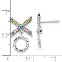 Silver X-shaped earrings with yellow, pink, and purple gemstones and a turquoise center stone, each with a dangling circular charm, shown front and side view with measurement scale.