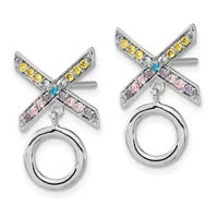 A pair of silver X-shaped earrings with colored gemstones in yellow, pink, and blue, each suspending a circular silver ring below.