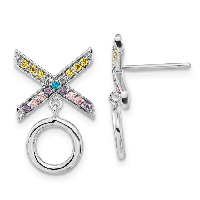 Pair of silver earrings featuring X-shaped tops set with yellow, pink, purple, and blue gemstones, each suspending an open circular charm below.