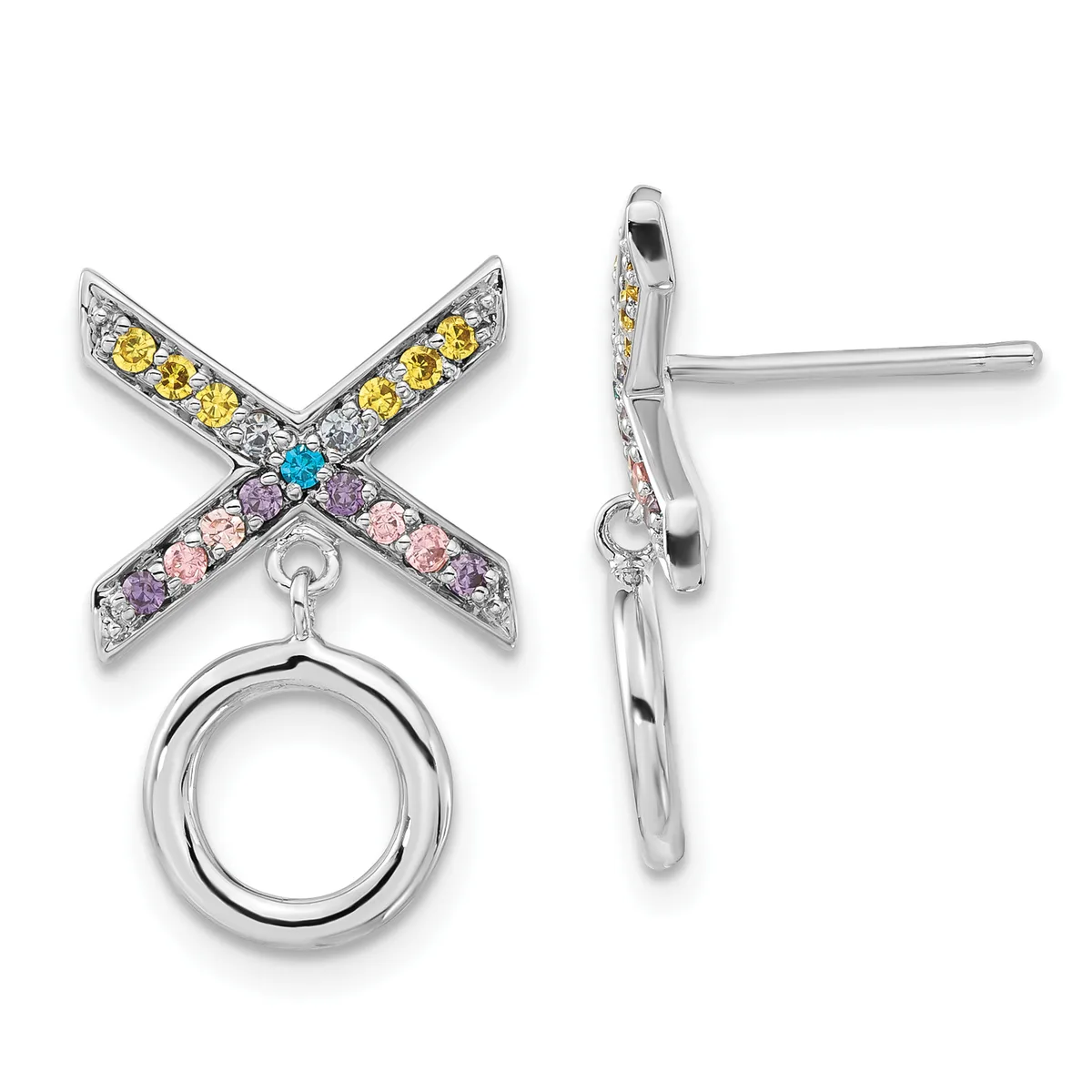 Pair of silver earrings featuring X-shaped tops set with yellow, pink, purple, and blue gemstones, each suspending an open circular charm below.
