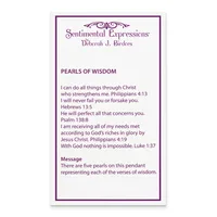 A card with purple text and decorative border displaying Bible verses titled "Pearls of Wisdom" and a message about a pendant with five pearls.