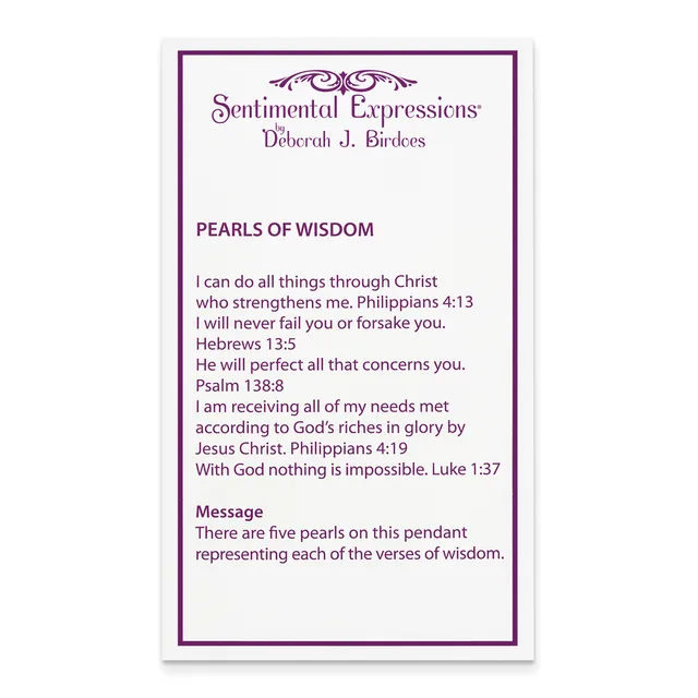 A card with purple text and border describing five pearls of wisdom verses, including passages from Philippians, Hebrews, Psalm, and Luke about strengthening faith and trust in God.