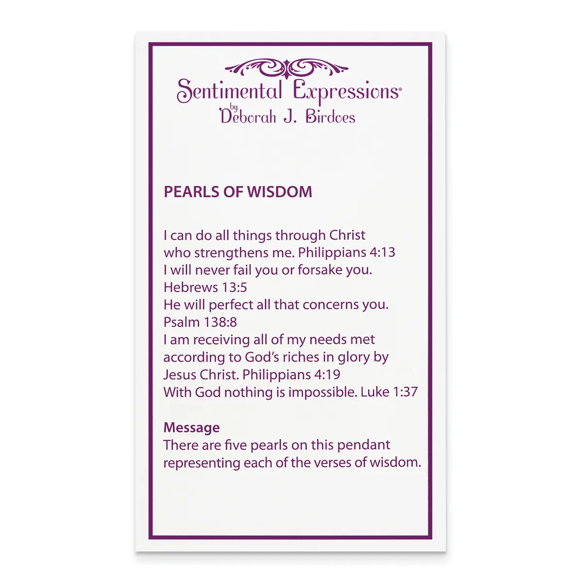 A card with purple text and border describing five pearls of wisdom verses, including passages from Philippians, Hebrews, Psalm, and Luke about strengthening faith and trust in God.