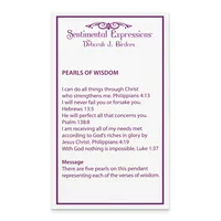 A card with purple text and border describing five pearls of wisdom verses, including passages from Philippians, Hebrews, Psalm, and Luke about strengthening faith and trust in God.