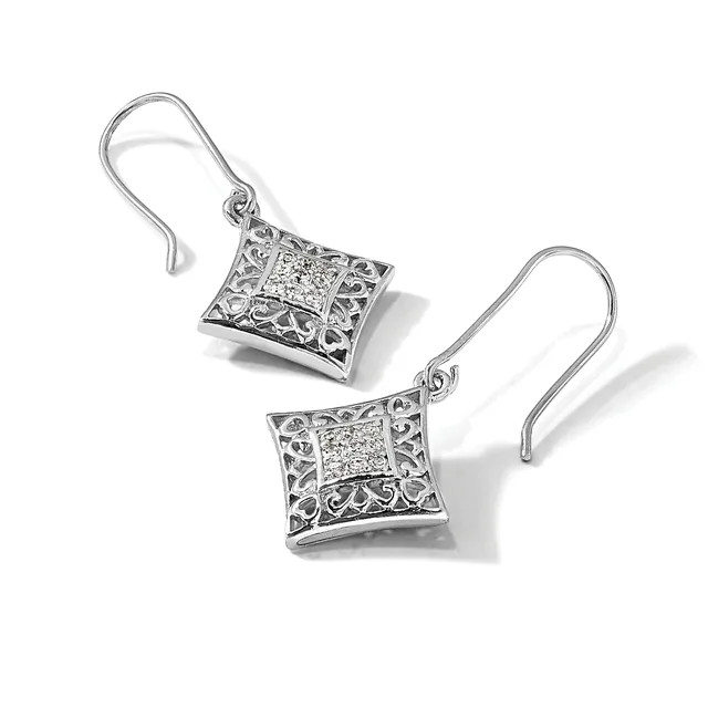 A pair of silver dangle earrings with ornate filigree square pendants set with small diamonds, hanging from curved ear wires.