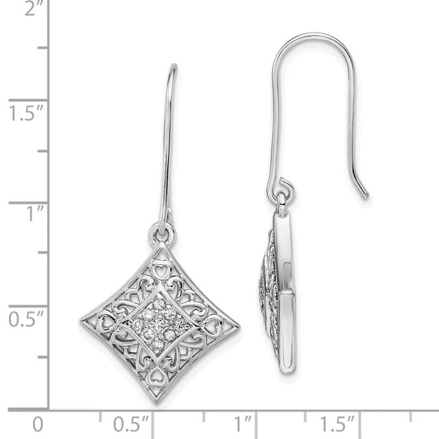 Pair of silver diamond-shaped filigree earrings with cubic zirconia centers, shown front and back view against a ruler measuring approximately 1.5 inches in length.