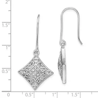 Pair of silver diamond-shaped filigree earrings with cubic zirconia centers, shown front and back view against a ruler measuring approximately 1.5 inches in length.