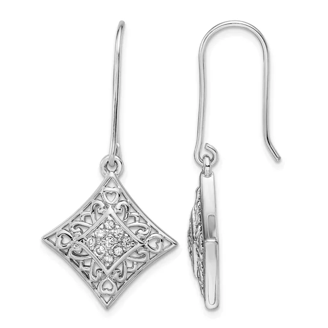 Pair of silver diamond-shaped dangle earrings with ornate filigree borders and rhinestone centers, shown from front and side views.
