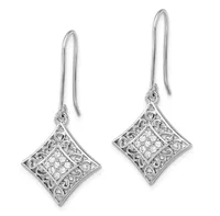 Pair of silver diamond-shaped drop earrings with ornate filigree borders and diamond centers, suspended from curved silver wires.