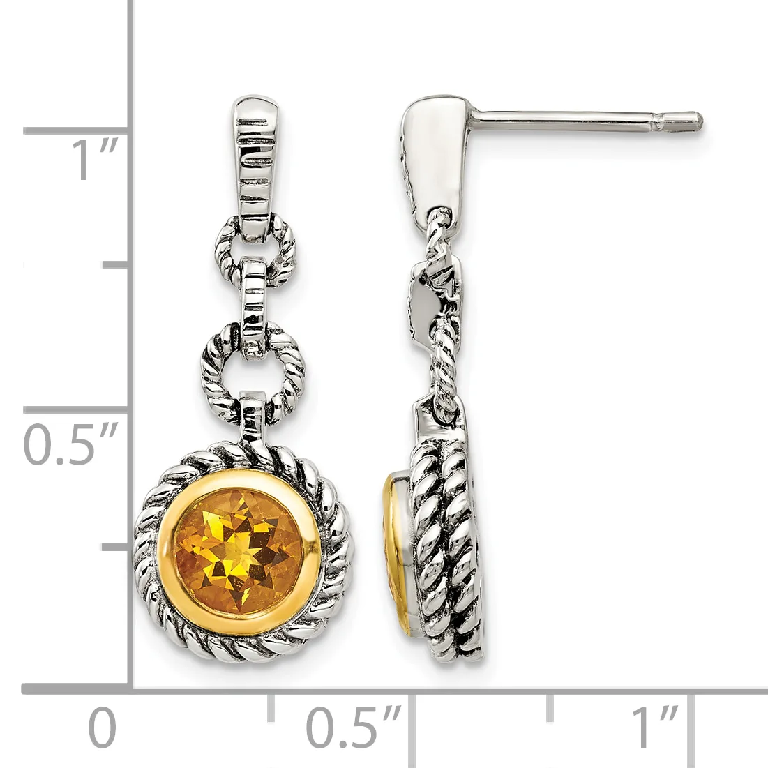 Pair of silver dangle earrings with twisted rope-textured frames surrounding round golden citrine stones, shown front and side view against a measurement scale.