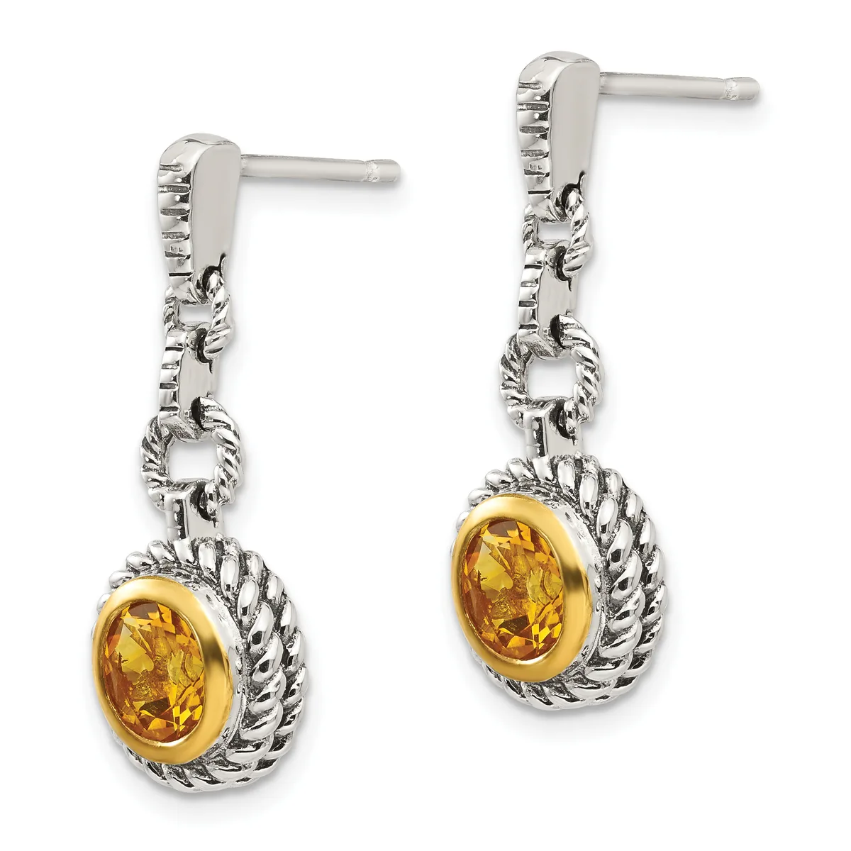 Pair of silver drop earrings with twisted rope-textured bezels surrounding oval yellow citrine stones, suspended from decorative chain links on post backs.