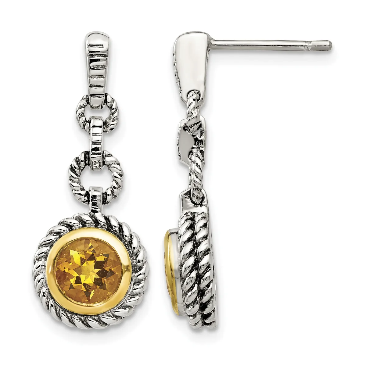 Pair of silver dangle earrings with twisted rope-textured bezels around golden citrine gemstones, shown from front and side views.