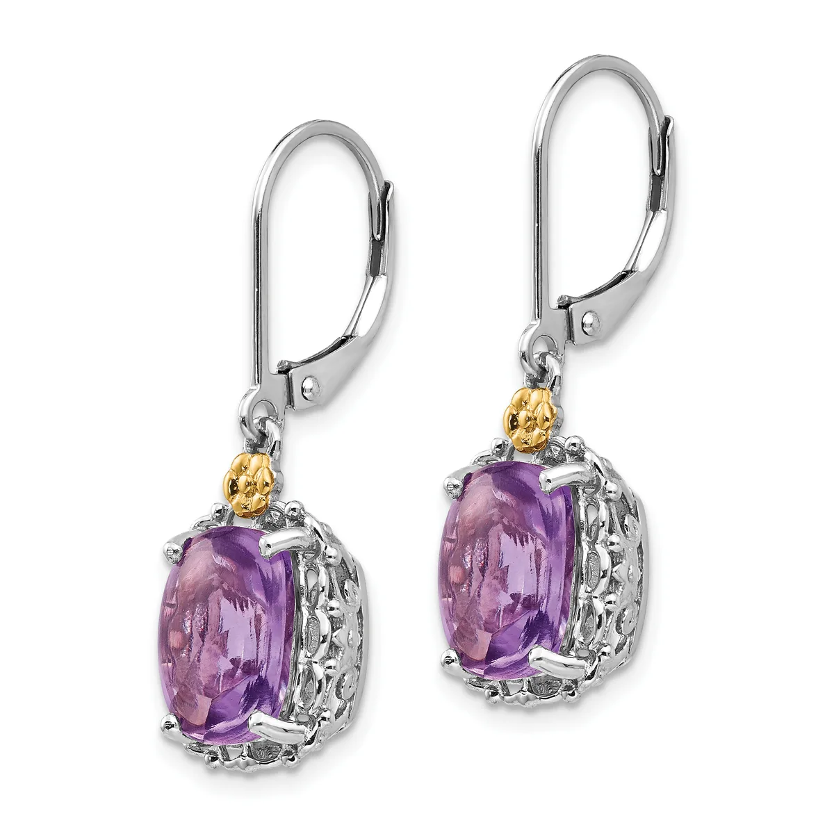 Pair of silver lever-back earrings with purple oval gemstones surrounded by ornamental metalwork and small gold-tone accents on the posts.