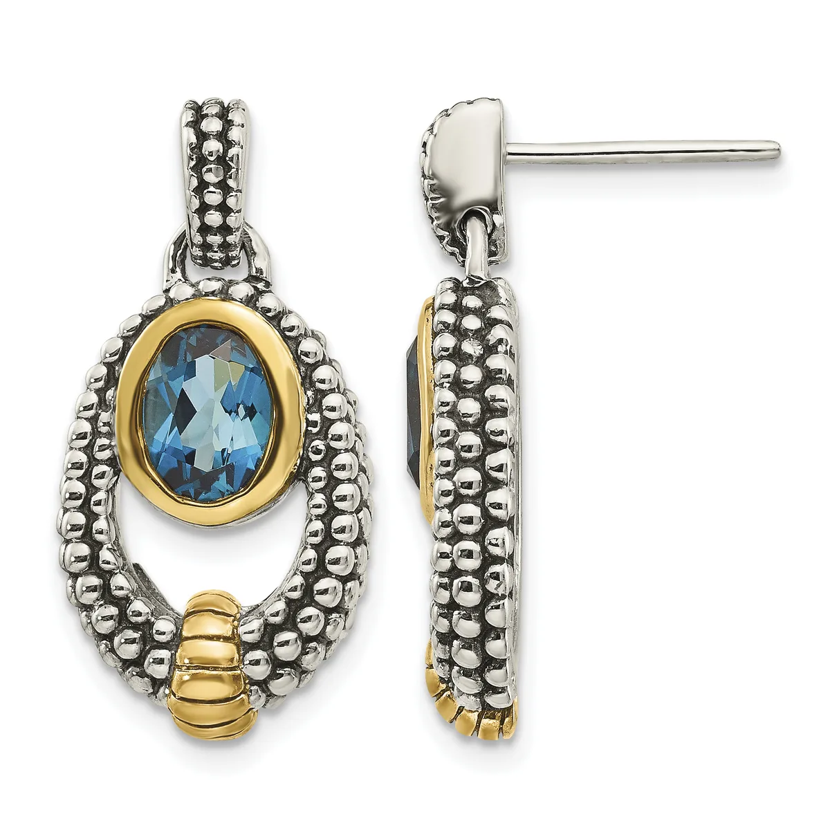 Two silver and gold two-tone drop earrings with beaded detailing and oval blue gemstones in gold bezels, shown from front and side views.
