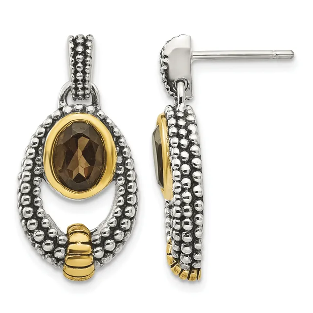 Two-tone silver and gold drop earrings with beaded texturing, oval smoky quartz stones in gold bezels, and gold accent details at the base, shown from front and side views.