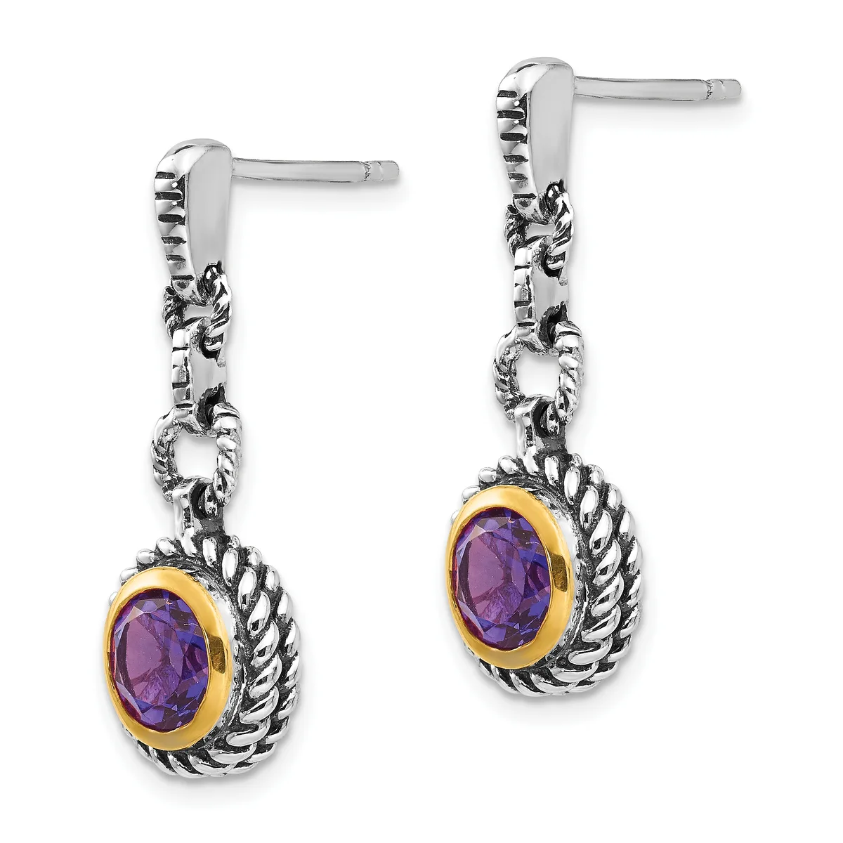 Pair of silver drop earrings with twisted rope detailing and oval purple gemstones set in gold bezels, shown from the front.