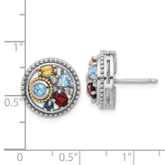 Round stud earrings with multicolored gemstones including blue topaz, citrine, and garnet set in silver with a beaded border, shown front and side view against a measurement scale.