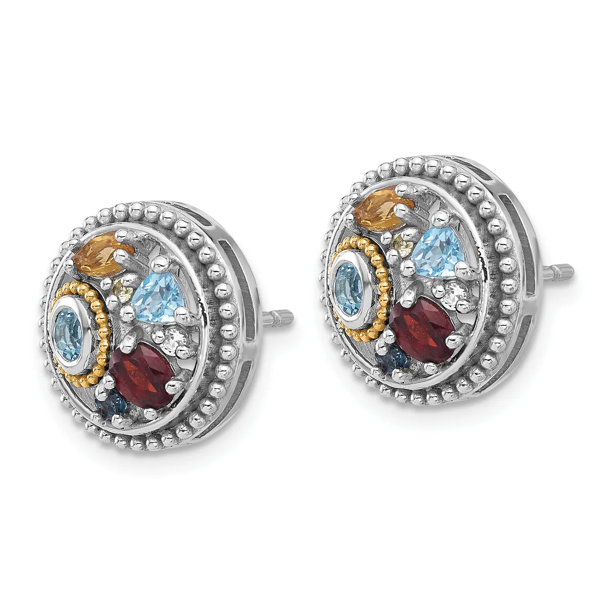 A pair of silver stud earrings with beaded borders, each featuring a central oval design with multicolored gemstones including amber, blue topaz, and red garnet.