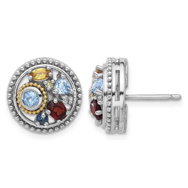 Pair of circular stud earrings featuring multicolored gemstones including yellow, blue, and red stones set in silver with gold accents and a beaded border, shown from front and side views.