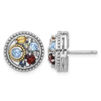 Pair of circular stud earrings featuring multicolored gemstones including yellow, blue, and red stones set in silver with gold accents and a beaded border, shown from front and side views.