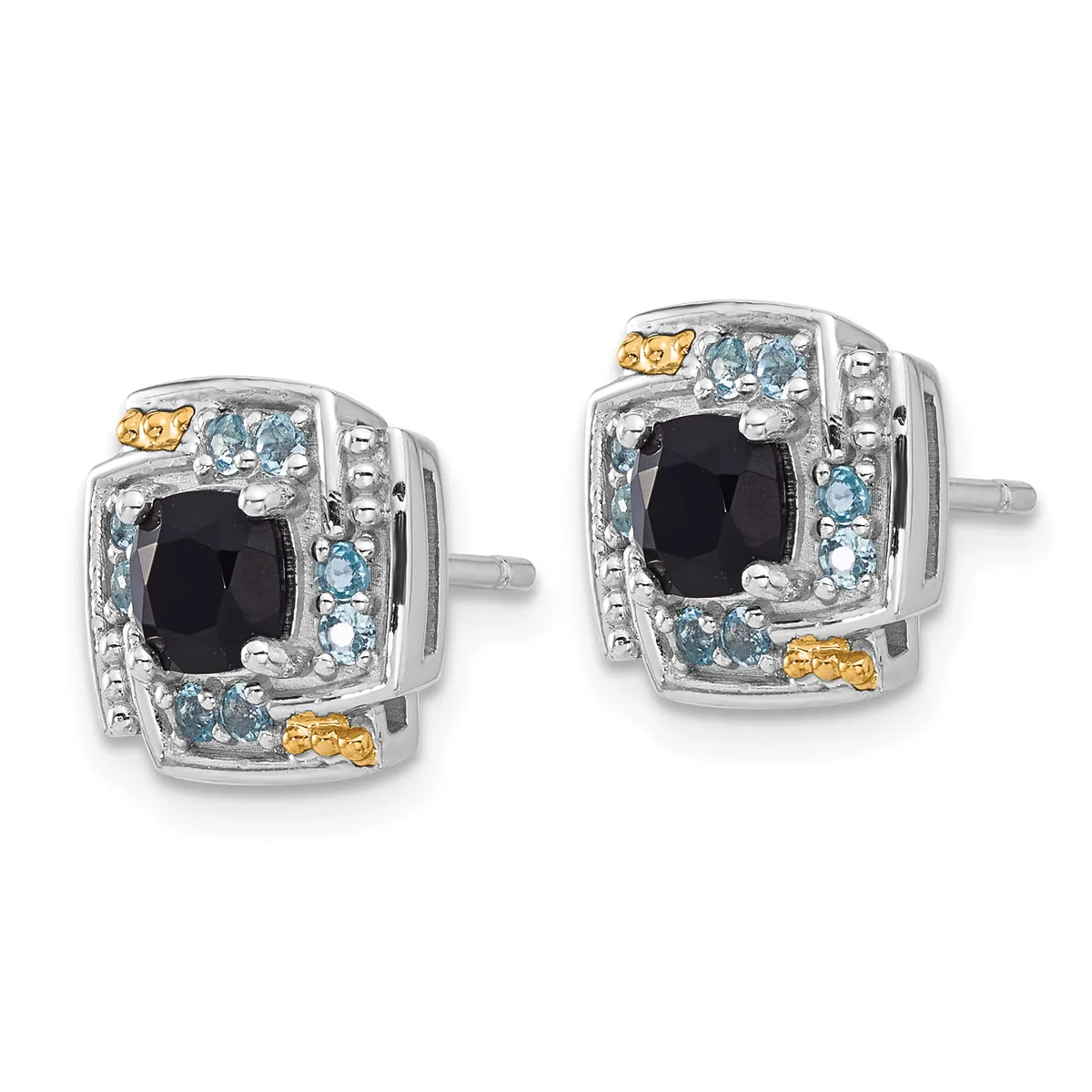 A pair of square stud earrings featuring black cushion-cut center stones surrounded by light blue and yellow gemstones set in two-tone silver and gold metal.