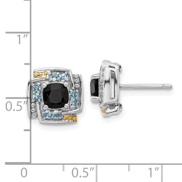 Pair of square stud earrings with black onyx centers surrounded by light blue stones and gold accents, shown against a measurement scale.