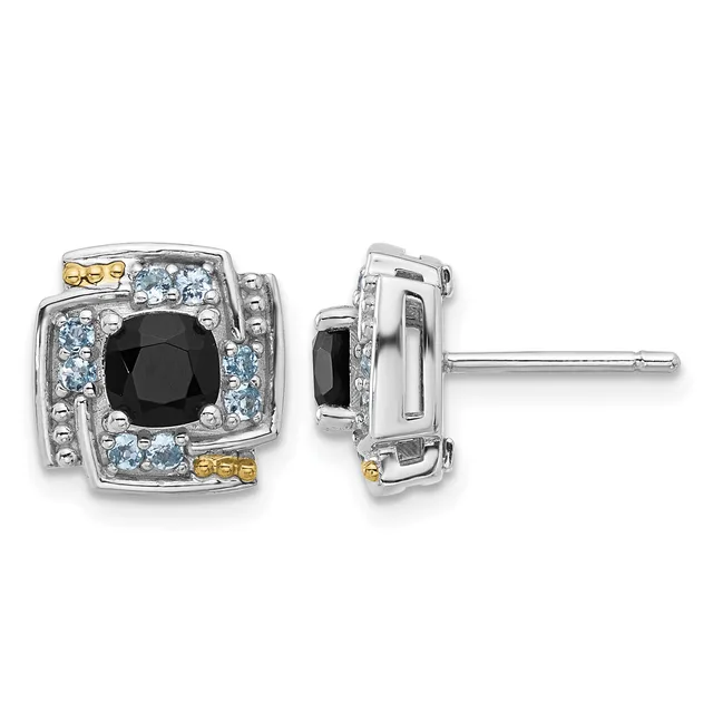 Pair of square stud earrings with black onyx centers surrounded by light blue stones and gold accents, shown from front and side views.