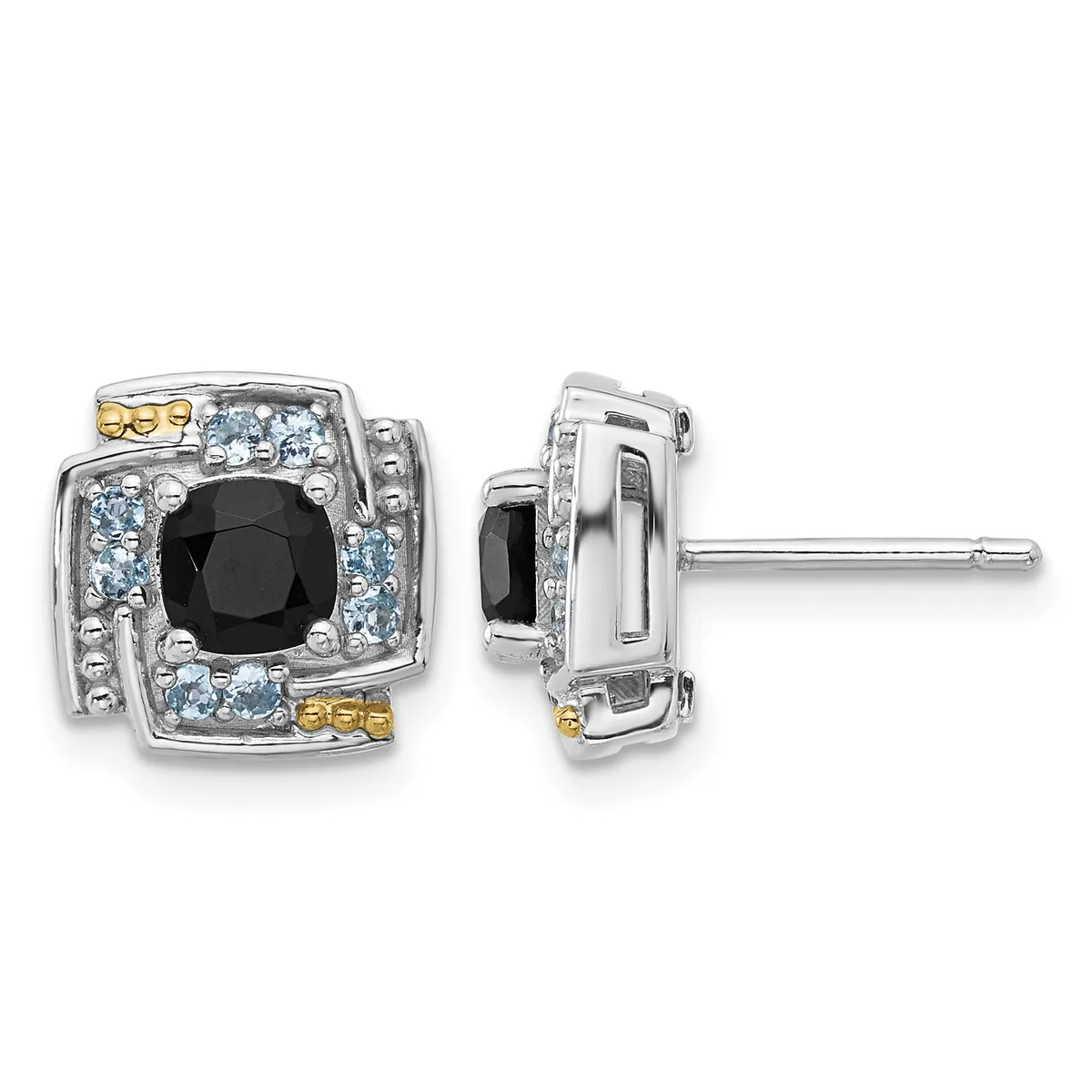 Pair of square stud earrings with black onyx centers surrounded by light blue stones and gold accents, shown from front and side views.