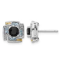 Pair of square stud earrings with black onyx centers surrounded by light blue stones and gold accents, shown from front and side views.