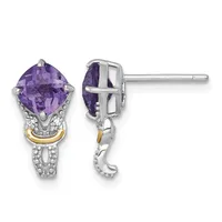 A pair of silver stud earrings featuring cushion-cut purple amethyst stones set in ornate settings with diamond accents and gold-tone bands.